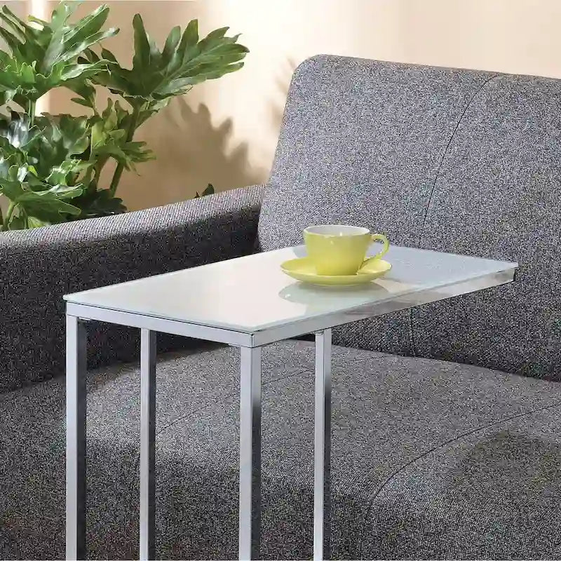 Accent Table - White Tempered Glass Top, Chrome Base, Slides Under Sofa, Multi-Functional - Image 4