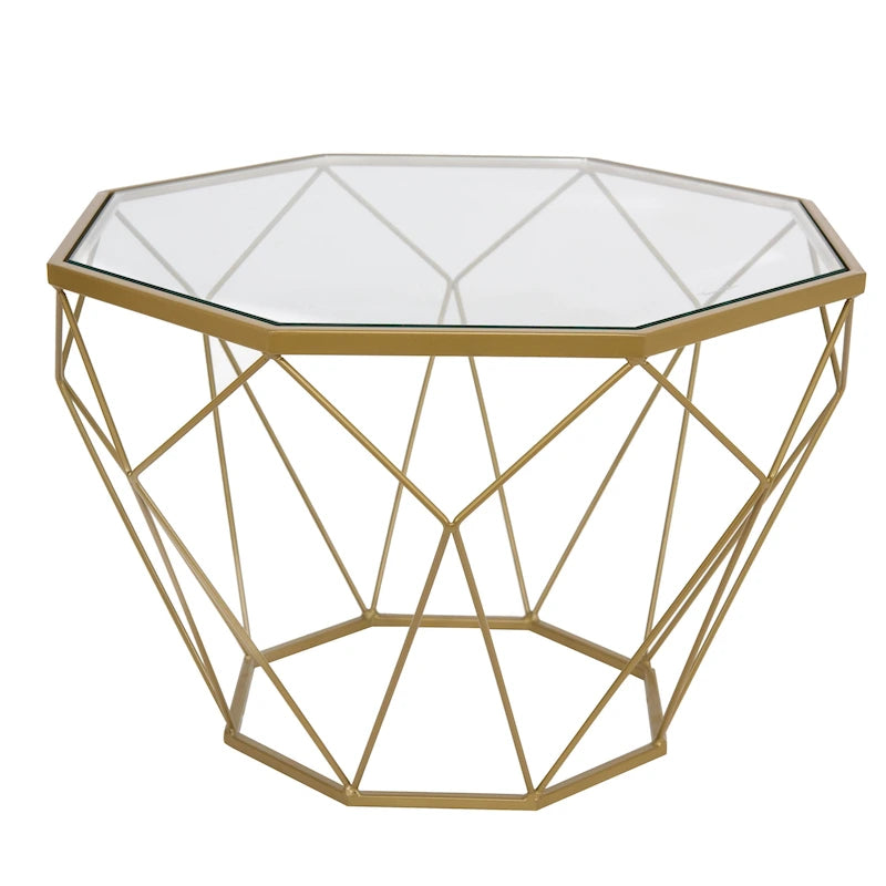 Modern Octagon Coffee Table - 21.5 Tempered Glass Top, Gold Geometric Metal Base, Multi-Use - Image 2