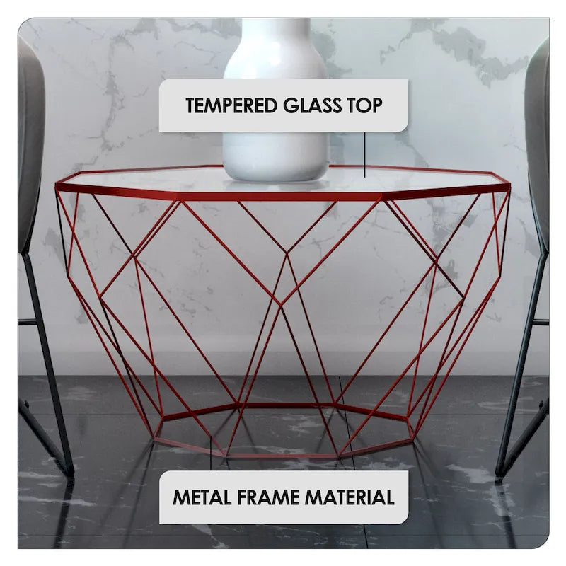 Modern Octagon Coffee Table - 21.5 Tempered Glass Top, Gold Geometric Metal Base, Multi-Use - Image 24