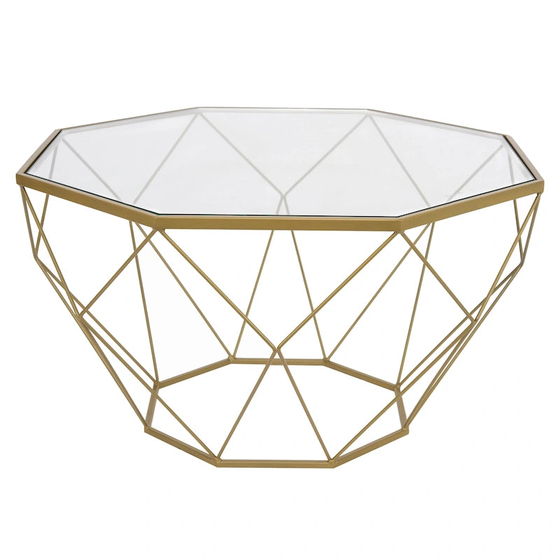 Modern Octagon Coffee Table - 21.5 Tempered Glass Top, Gold Geometric Metal Base, Multi-Use - Image 4