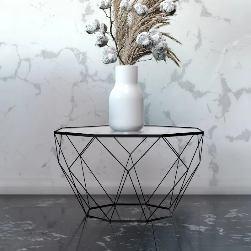 Modern Octagon Coffee Table - 21.5 Tempered Glass Top, Gold Geometric Metal Base, Multi-Use - Image 32