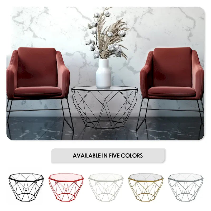 Modern Octagon Coffee Table - 21.5 Tempered Glass Top, Gold Geometric Metal Base, Multi-Use - Image 37
