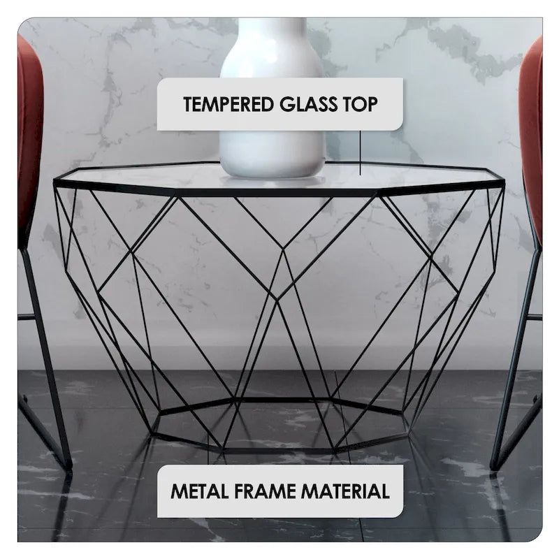 Modern Octagon Coffee Table - 21.5 Tempered Glass Top, Gold Geometric Metal Base, Multi-Use - Image 38