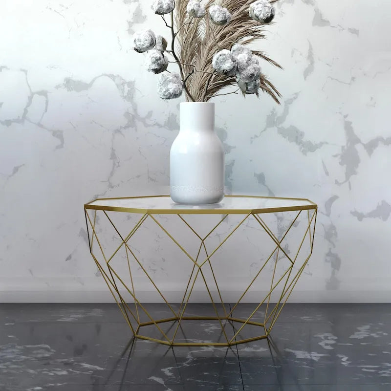 Modern Octagon Coffee Table - 21.5 Tempered Glass Top, Gold Geometric Metal Base, Multi-Use - Image 5