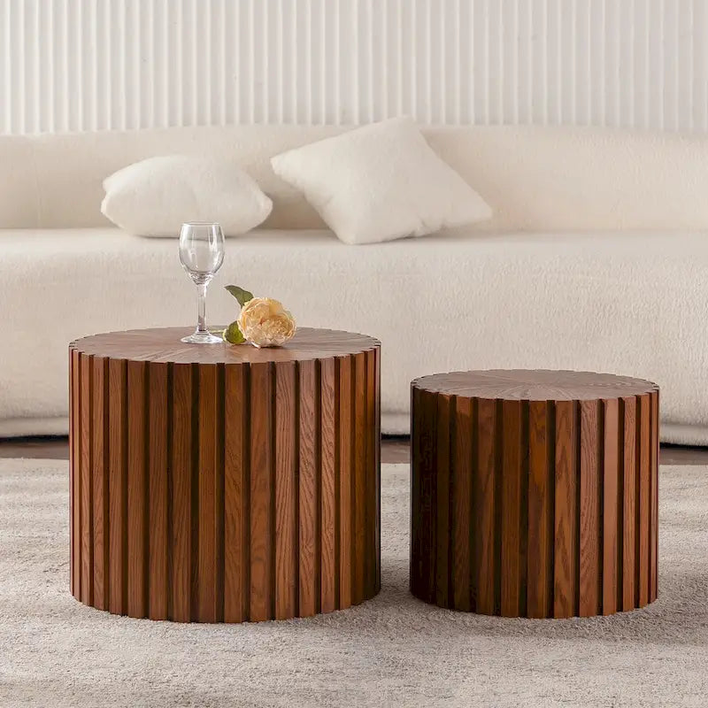 Round Wood Coffee Table - Hand-Carved Relief Design, Non-Slip Foot Pads, Fully Assembled