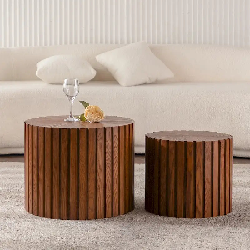 Round Wood Coffee Table - Hand-Carved Relief Design, Non-Slip Foot Pads, Fully Assembled - Image 2