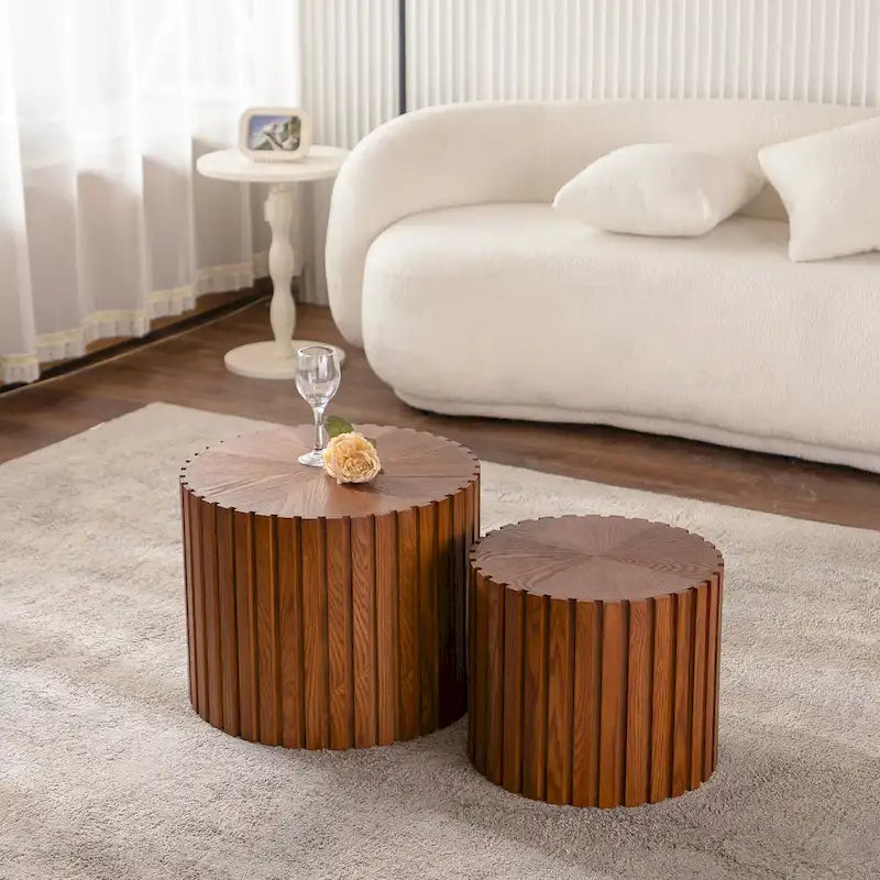 Round Wood Coffee Table - Hand-Carved Relief Design, Non-Slip Foot Pads, Fully Assembled - Image 3