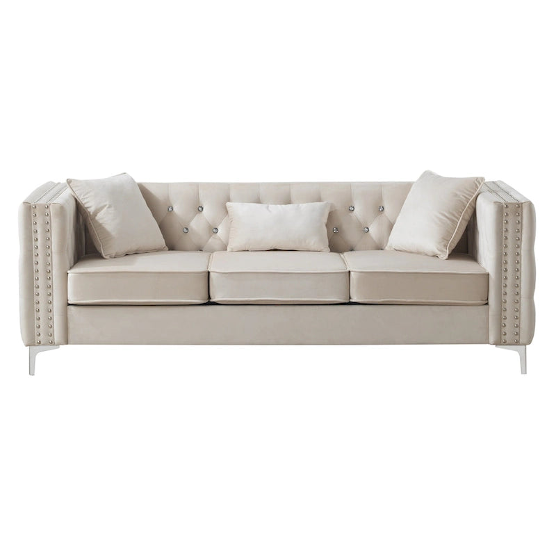 Tufted Velvet Sofa - Blue, 3-Seater, Track Arms, 2 Throw Pillows, 86W x 30H, Contemporary