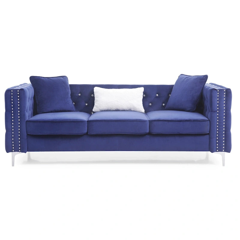 Tufted Velvet Sofa - Blue, 3-Seater, Track Arms, 2 Throw Pillows, 86W x 30H, Contemporary - Image 2