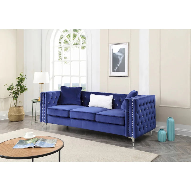 Tufted Velvet Sofa - Blue, 3-Seater, Track Arms, 2 Throw Pillows, 86W x 30H, Contemporary - Image 11