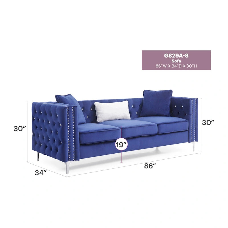 Tufted Velvet Sofa - Blue, 3-Seater, Track Arms, 2 Throw Pillows, 86W x 30H, Contemporary - Image 12