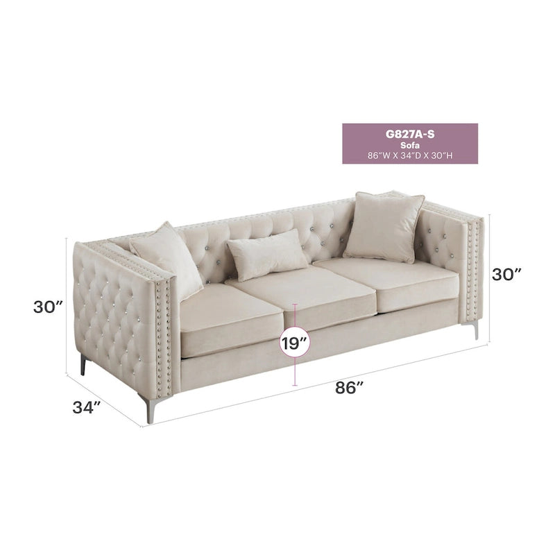 Tufted Velvet Sofa - Blue, 3-Seater, Track Arms, 2 Throw Pillows, 86W x 30H, Contemporary - Image 13