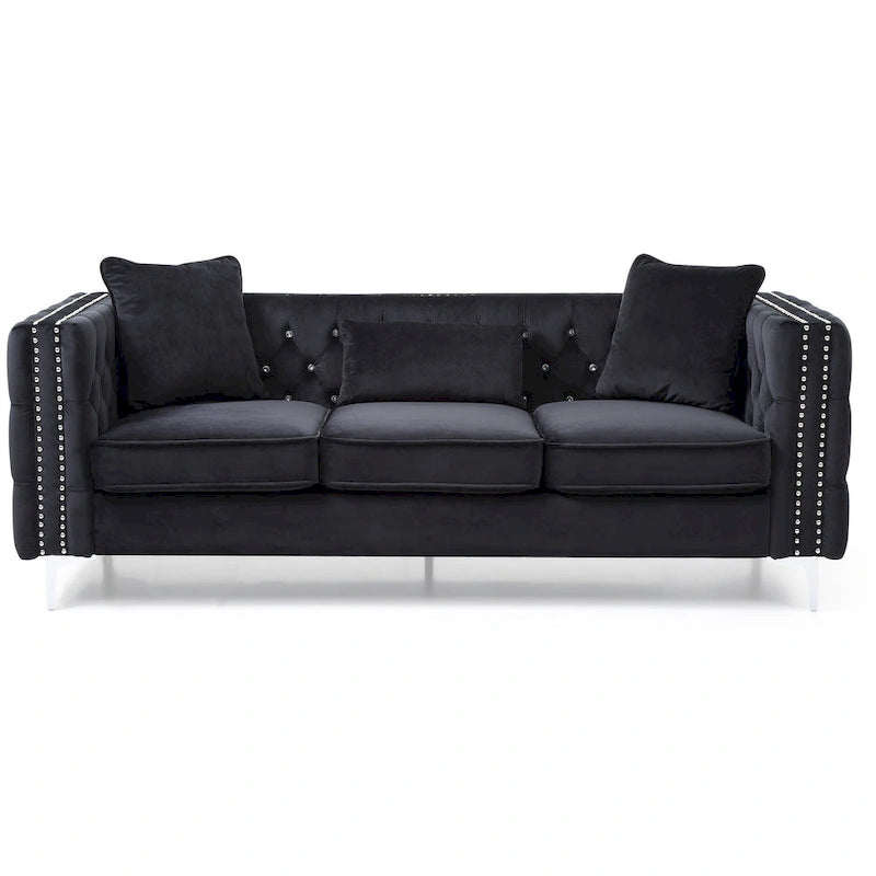 Tufted Velvet Sofa - Blue, 3-Seater, Track Arms, 2 Throw Pillows, 86W x 30H, Contemporary - Image 14