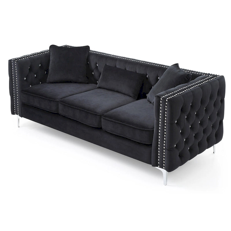 Tufted Velvet Sofa - Blue, 3-Seater, Track Arms, 2 Throw Pillows, 86W x 30H, Contemporary - Image 15