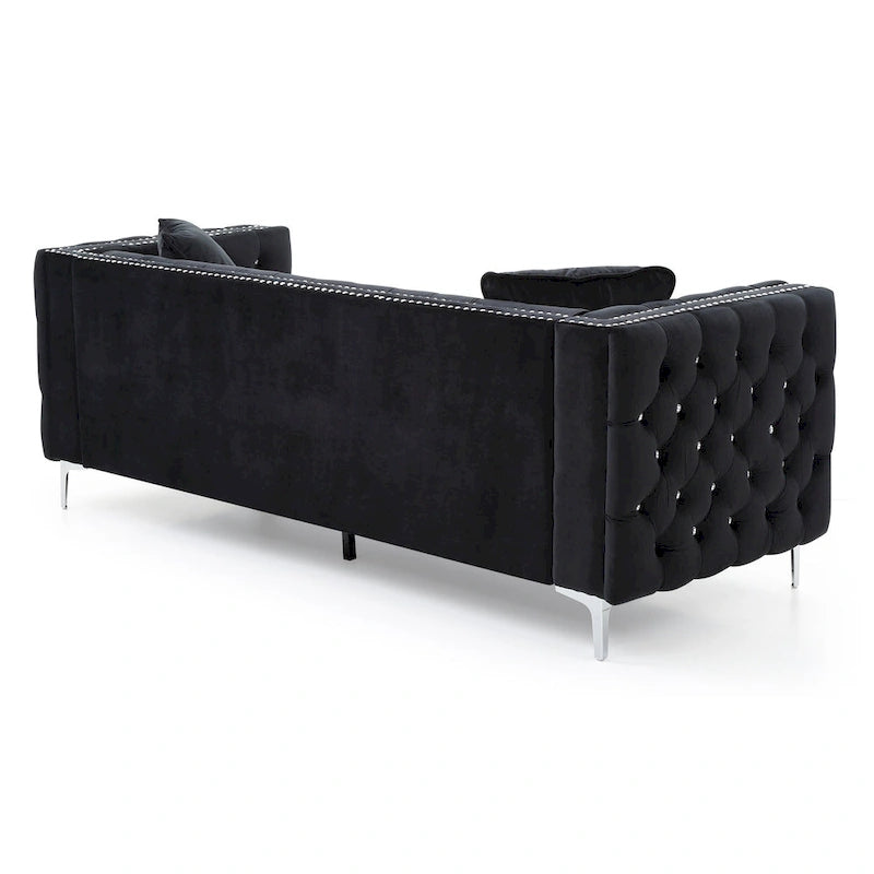 Tufted Velvet Sofa - Blue, 3-Seater, Track Arms, 2 Throw Pillows, 86W x 30H, Contemporary - Image 16