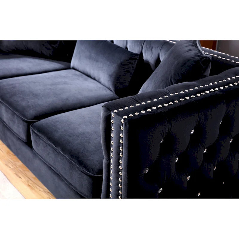 Tufted Velvet Sofa - Blue, 3-Seater, Track Arms, 2 Throw Pillows, 86W x 30H, Contemporary - Image 17