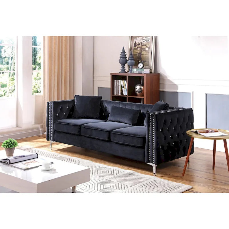 Tufted Velvet Sofa - Blue, 3-Seater, Track Arms, 2 Throw Pillows, 86W x 30H, Contemporary - Image 18