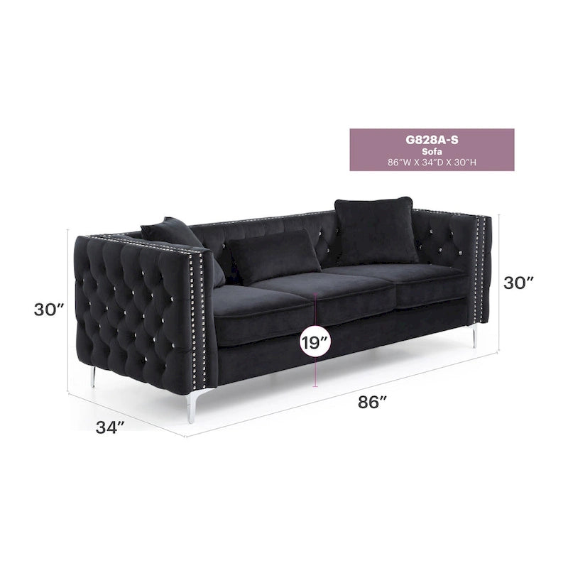 Tufted Velvet Sofa - Blue, 3-Seater, Track Arms, 2 Throw Pillows, 86W x 30H, Contemporary - Image 19
