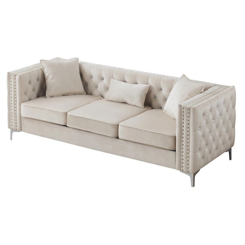 Tufted Velvet Sofa - Blue, 3-Seater, Track Arms, 2 Throw Pillows, 86W x 30H, Contemporary - Image 3