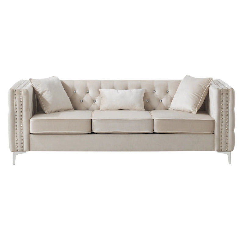 Tufted Velvet Sofa - Blue, 3-Seater, Track Arms, 2 Throw Pillows, 86W x 30H, Contemporary - Image 4
