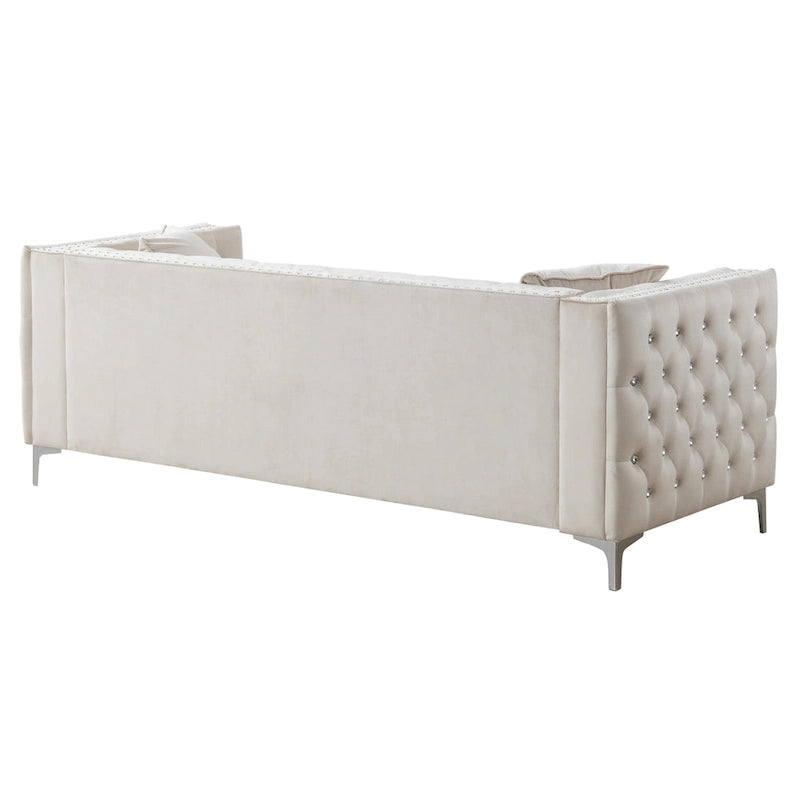 Tufted Velvet Sofa - Blue, 3-Seater, Track Arms, 2 Throw Pillows, 86W x 30H, Contemporary - Image 5