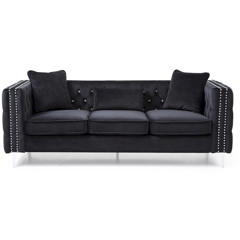 Tufted Velvet Sofa - Blue, 3-Seater, Track Arms, 2 Throw Pillows, 86W x 30H, Contemporary - Image 6