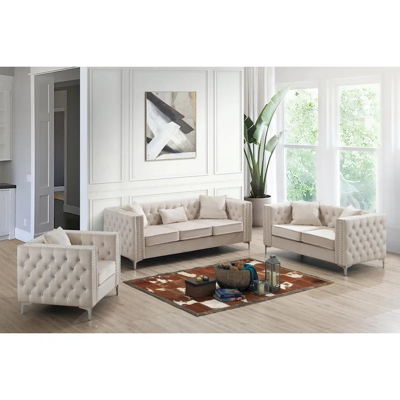 Tufted Velvet Sofa - Blue, 3-Seater, Track Arms, 2 Throw Pillows, 86W x 30H, Contemporary - Image 7