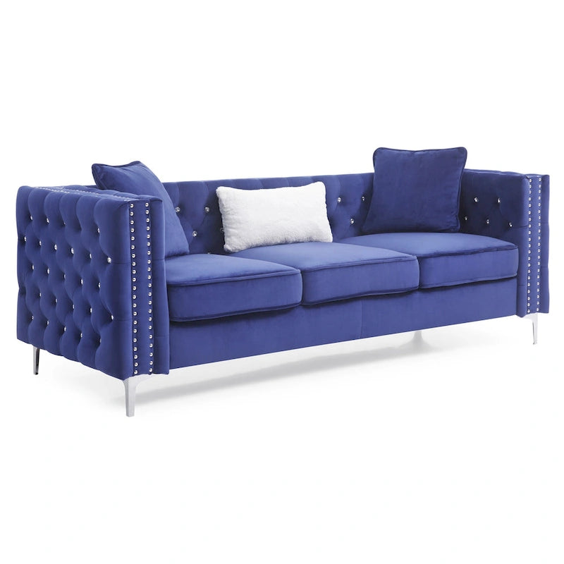 Tufted Velvet Sofa - Blue, 3-Seater, Track Arms, 2 Throw Pillows, 86W x 30H, Contemporary - Image 9