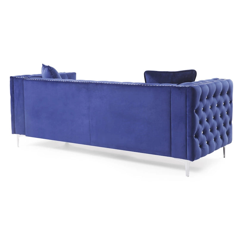 Tufted Velvet Sofa - Blue, 3-Seater, Track Arms, 2 Throw Pillows, 86W x 30H, Contemporary - Image 10