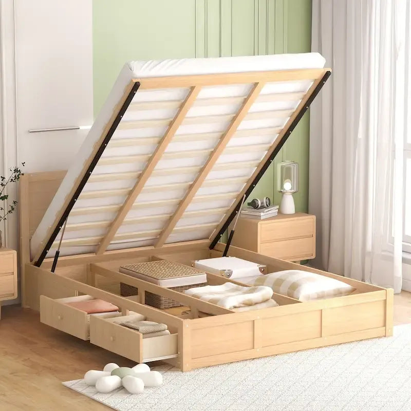 Queen Platform Bed - Pine Wood & MDF, 2 Drawers, Under-Bed Storage, 10 Slats, 600 lbs Capacity - Image 2