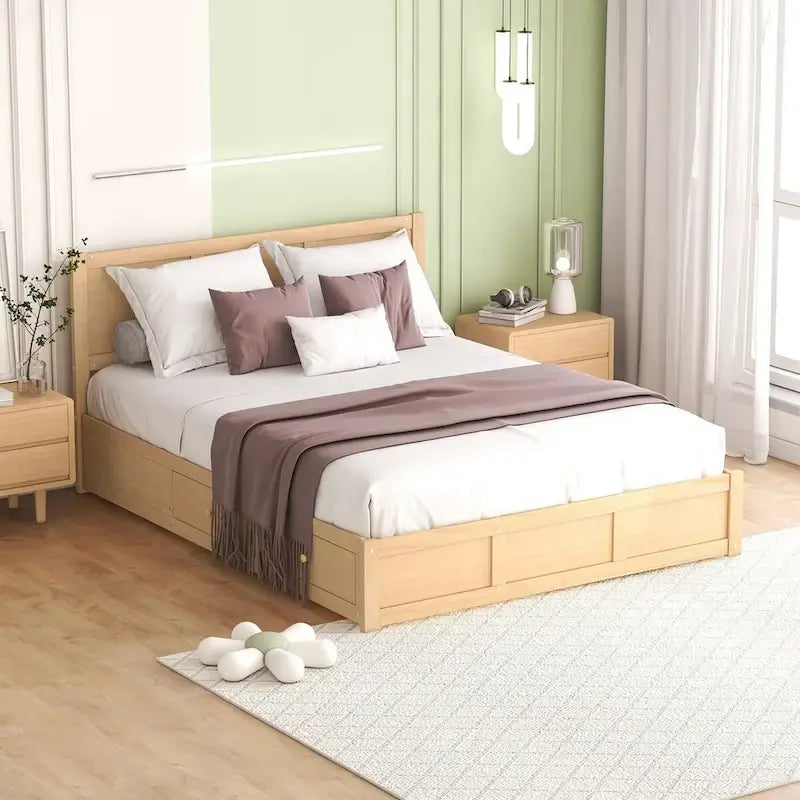 Queen Platform Bed - Pine Wood & MDF, 2 Drawers, Under-Bed Storage, 10 Slats, 600 lbs Capacity - Image 3