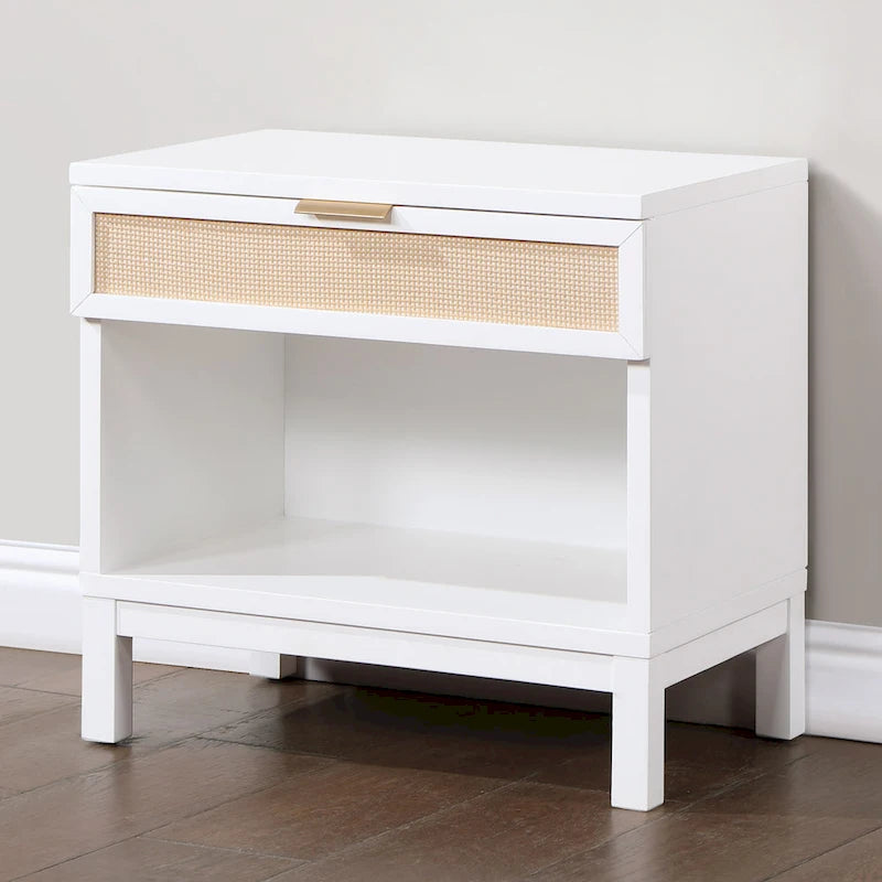 Nightstand - White, Cane Inset Drawer, Gold Pull, Open Shelf, 25W x 24.25H, Coastal Style - Image 3