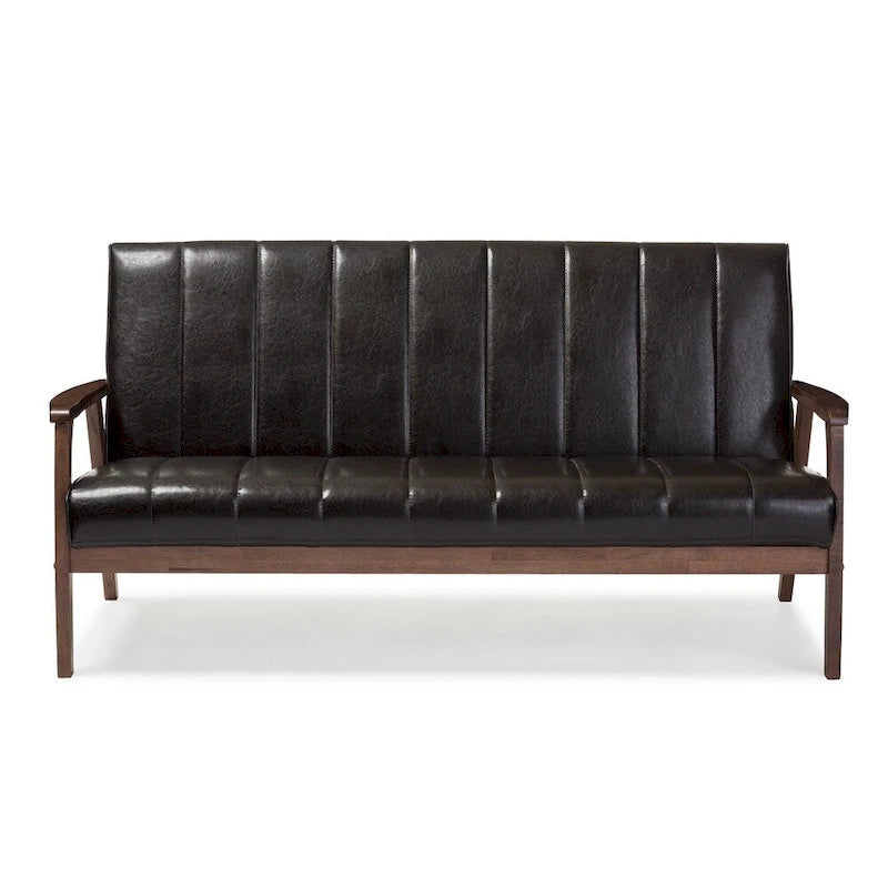 Mid-Century Modern Sofa - Dark Brown Faux Leather, Rubberwood Frame, 3-Seater, 63.98W x 31.89H - Image 2