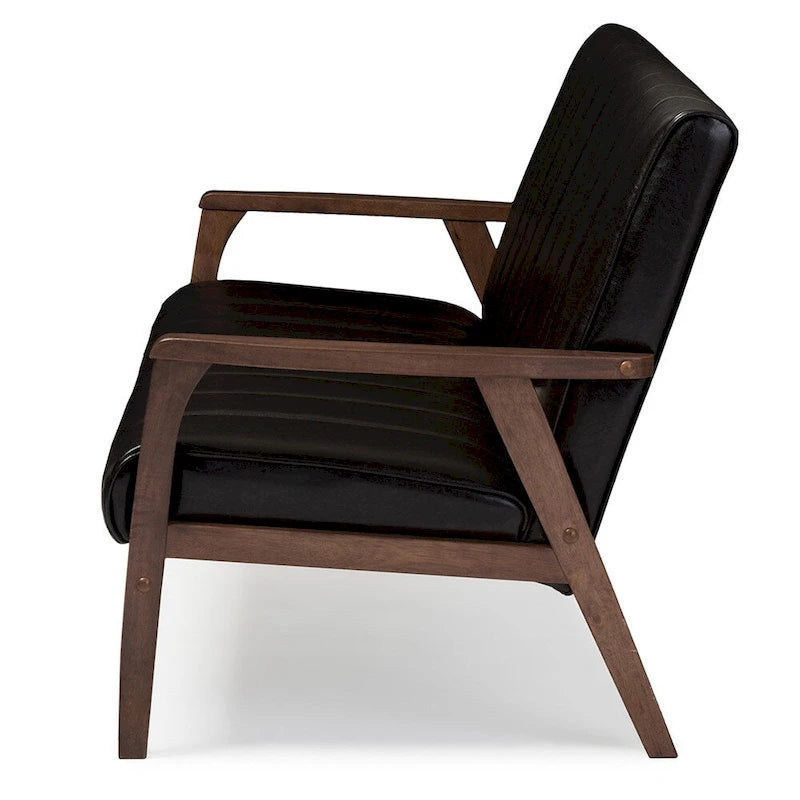 Mid-Century Modern Sofa - Dark Brown Faux Leather, Rubberwood Frame, 3-Seater, 63.98W x 31.89H - Image 3