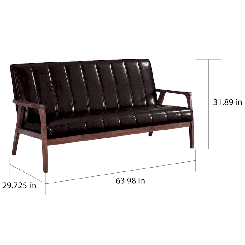 Mid-Century Modern Sofa - Dark Brown Faux Leather, Rubberwood Frame, 3-Seater, 63.98W x 31.89H - Image 5