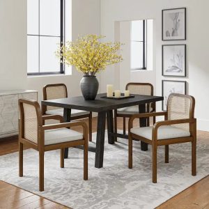 Modern Rattan Back Dining Chair with Removable Cushion - Rubber Wood Frame, Linen Upholstery