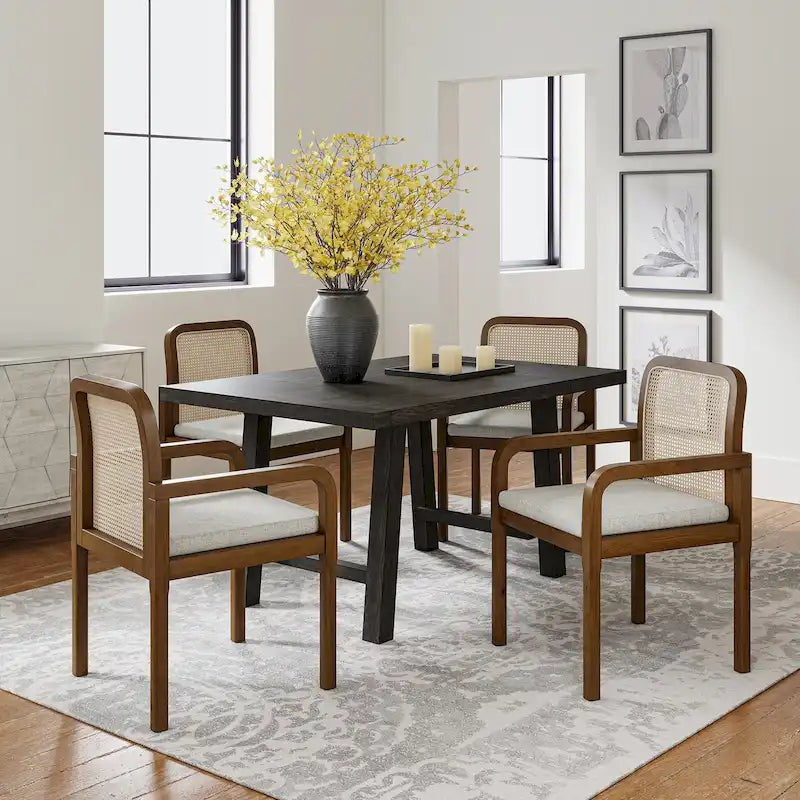 Modern Rattan Back Dining Chair with Removable Cushion - Rubber Wood Frame, Linen Upholstery - Image 2