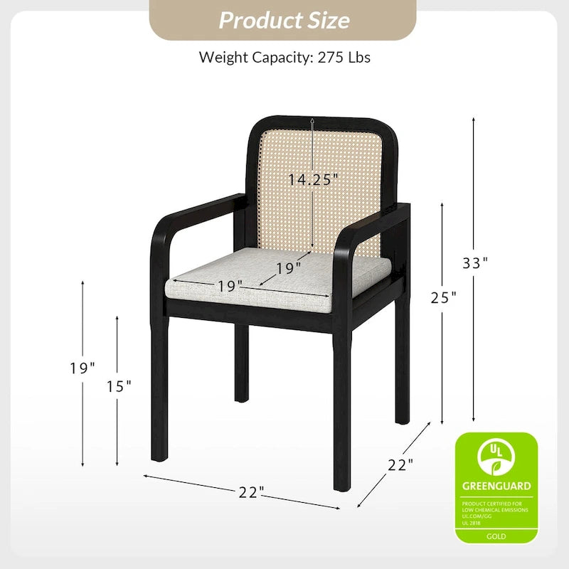 Modern Rattan Back Dining Chair with Removable Cushion - Rubber Wood Frame, Linen Upholstery - Image 14