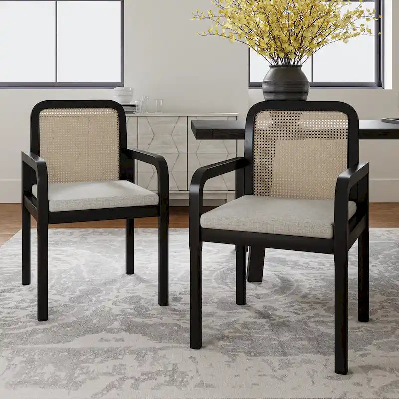 Modern Rattan Back Dining Chair with Removable Cushion - Rubber Wood Frame, Linen Upholstery - Image 16