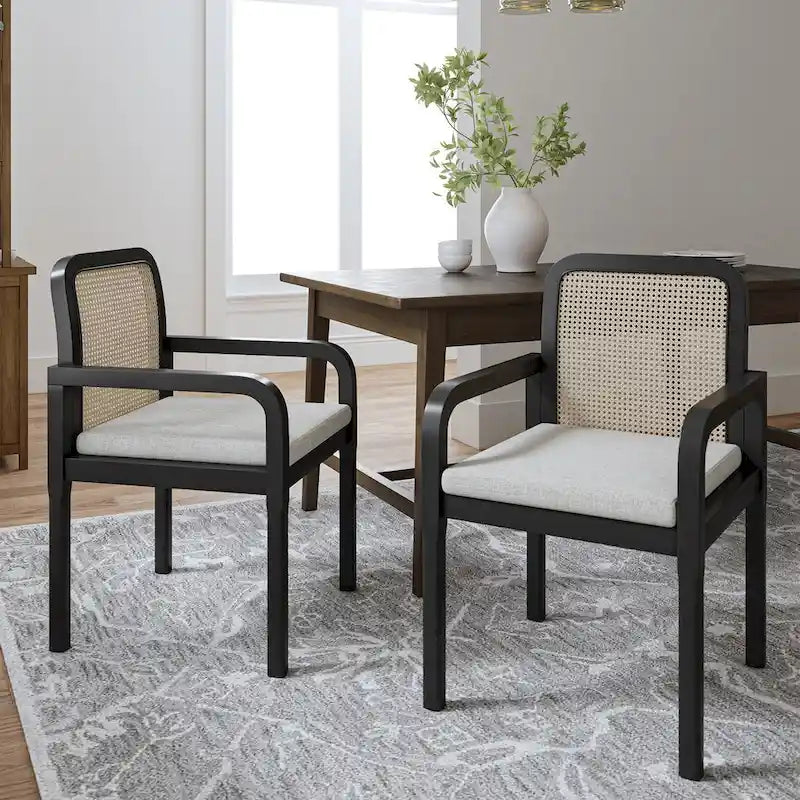 Modern Rattan Back Dining Chair with Removable Cushion - Rubber Wood Frame, Linen Upholstery - Image 17
