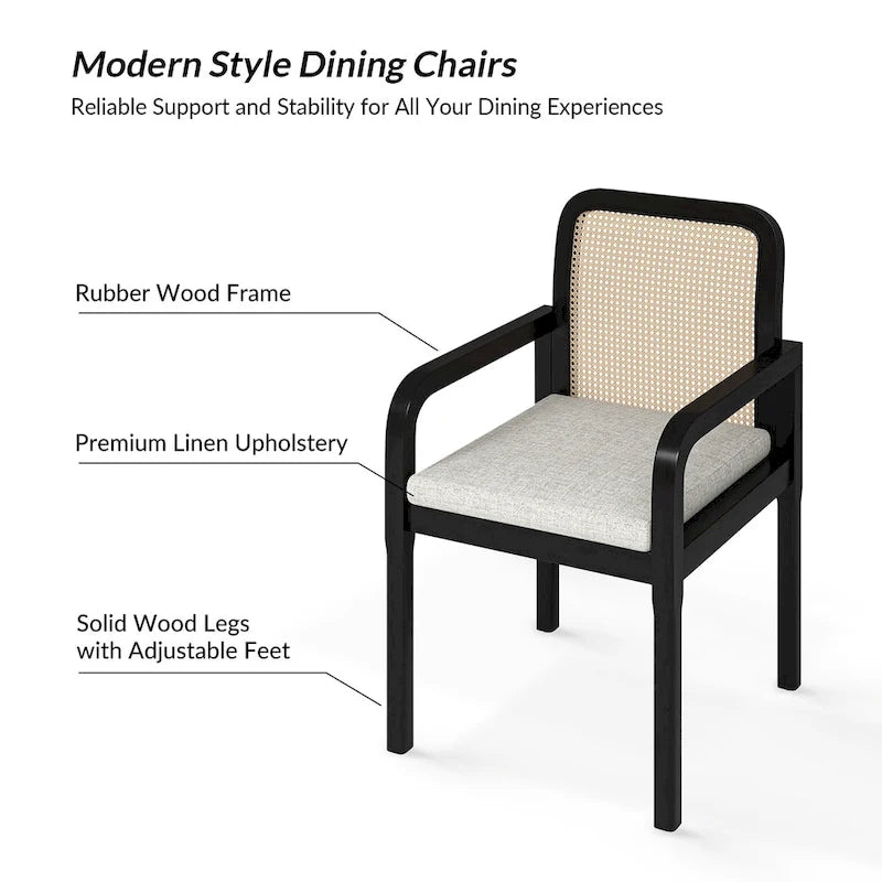 Modern Rattan Back Dining Chair with Removable Cushion - Rubber Wood Frame, Linen Upholstery - Image 19