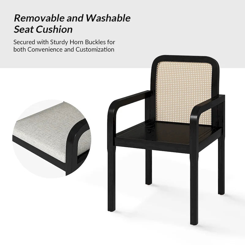 Modern Rattan Back Dining Chair with Removable Cushion - Rubber Wood Frame, Linen Upholstery - Image 21