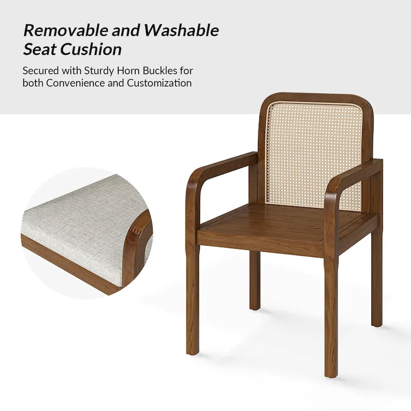 Modern Rattan Back Dining Chair with Removable Cushion - Rubber Wood Frame, Linen Upholstery - Image 26