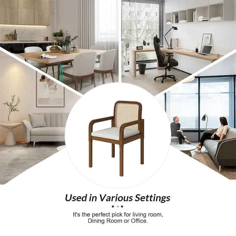 Modern Rattan Back Dining Chair with Removable Cushion - Rubber Wood Frame, Linen Upholstery - Image 27