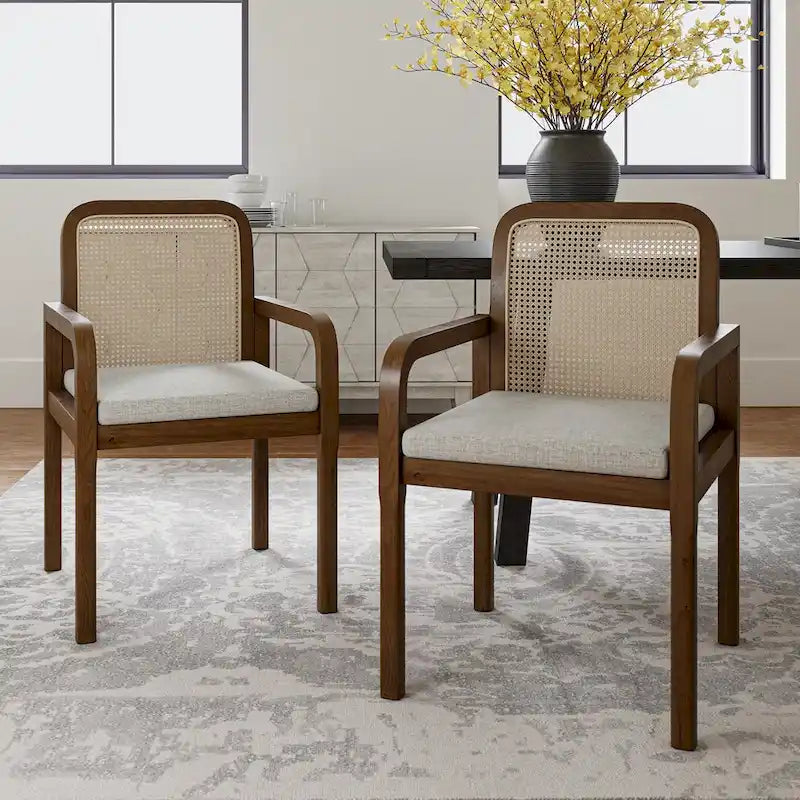 Modern Rattan Back Dining Chair with Removable Cushion - Rubber Wood Frame, Linen Upholstery - Image 29