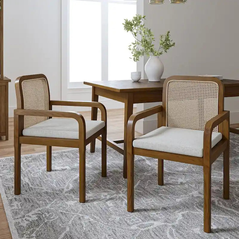 Modern Rattan Back Dining Chair with Removable Cushion - Rubber Wood Frame, Linen Upholstery - Image 30