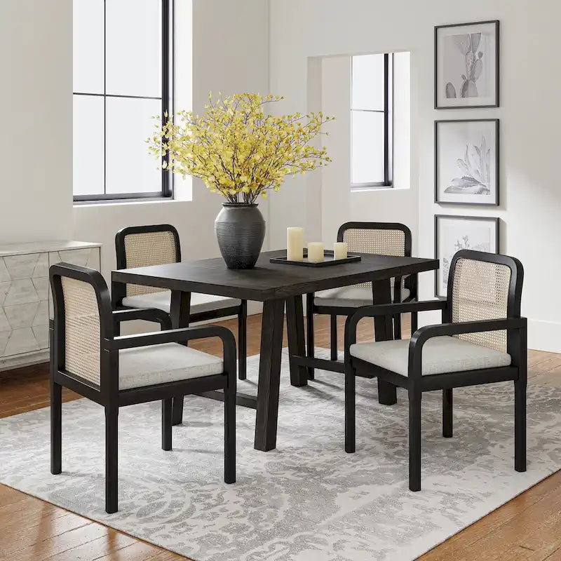 Modern Rattan Back Dining Chair with Removable Cushion - Rubber Wood Frame, Linen Upholstery - Image 4