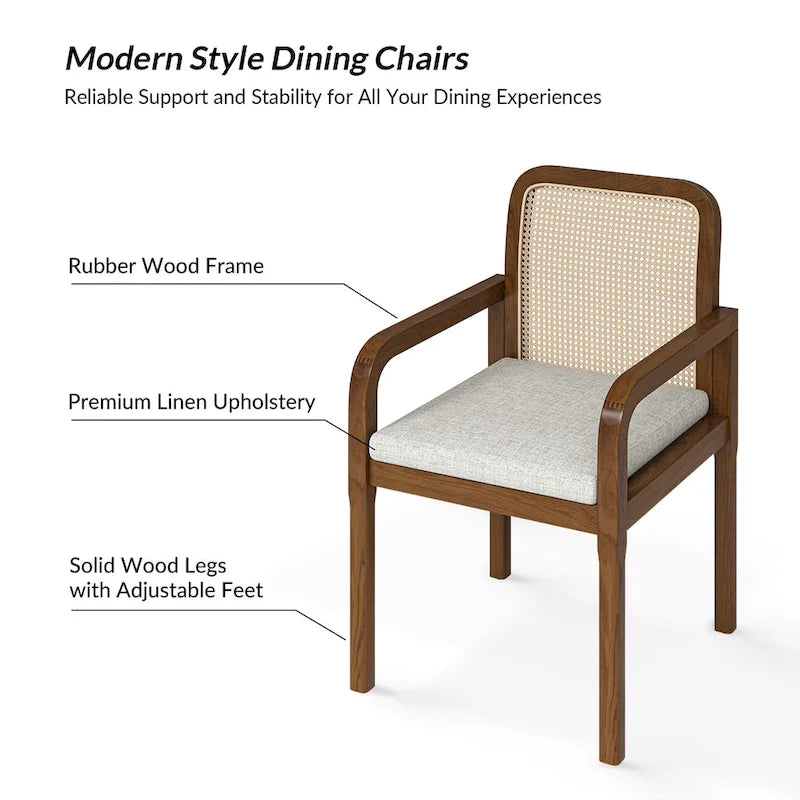 Modern Rattan Back Dining Chair with Removable Cushion - Rubber Wood Frame, Linen Upholstery - Image 32
