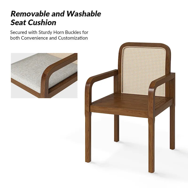 Modern Rattan Back Dining Chair with Removable Cushion - Rubber Wood Frame, Linen Upholstery - Image 34