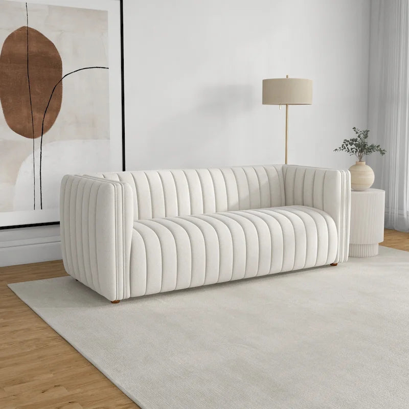 Mid-Century Modern Sofa - Cream Boucle, Tufted Back, Walnut Wood Legs, High-Density Foam - Image 2